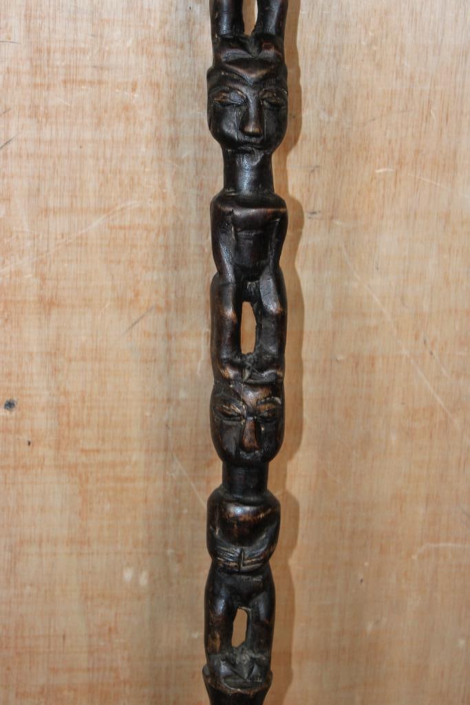 Hand-carved African Wood CANE or WALKING STICK featuring 3 African Warriors - 3