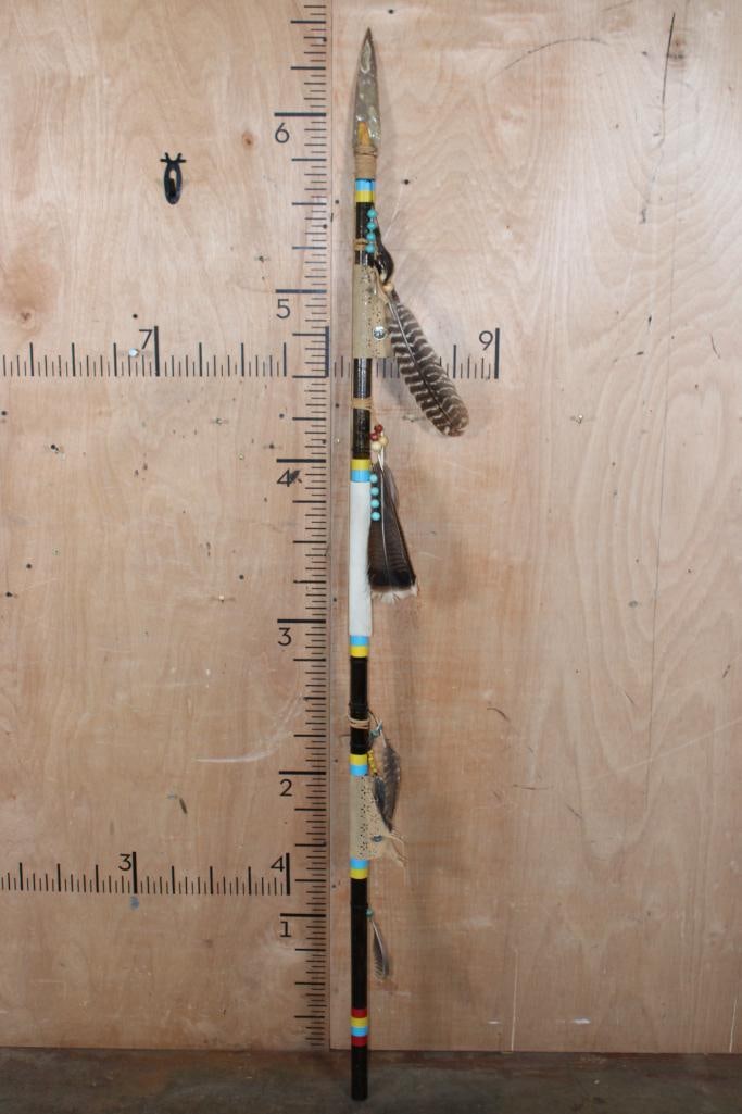 Native American Style STAFF or DANCE STICK with a Hand-knapped Stone Point: Native American Style STAFF or DANCE STICK. It has a Hand-knapped Stone Point, the stick is made from Wood. It measures 79" Tall and is embellished with Turkey Feathers and Leather Fringe.