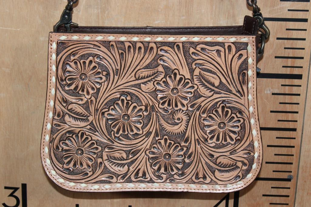 *Brand New* Tooled Flower Leather PURSE or HANDBAG with a Removable Strap - 4