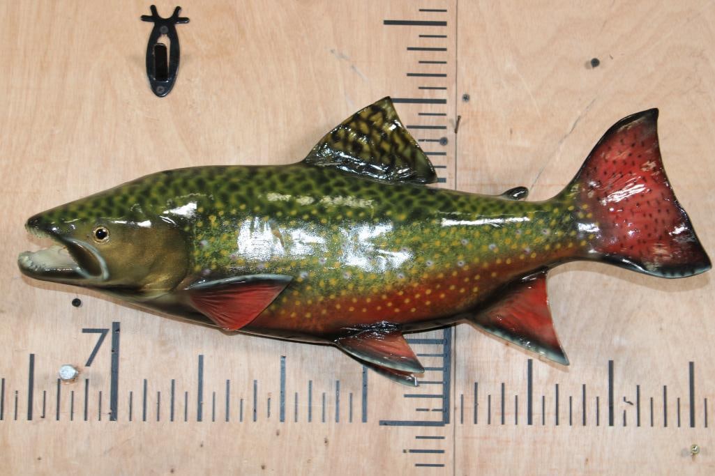 Reproduction BROOK TROUT Fish Mount: Very Nice and Clean Reproduction BROOK TROUT Fish Mount. It measures 23" Long and was made by "Land & Sea" Nature Series in New Town, CT. TAXIDERMY FISH 