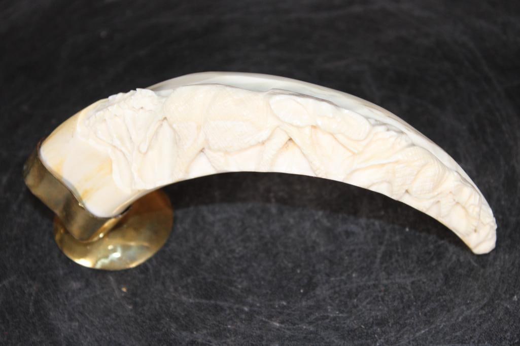 Scrimshawed WARTHOG TUSK with an Elephant Scene on a Brass Base - 2