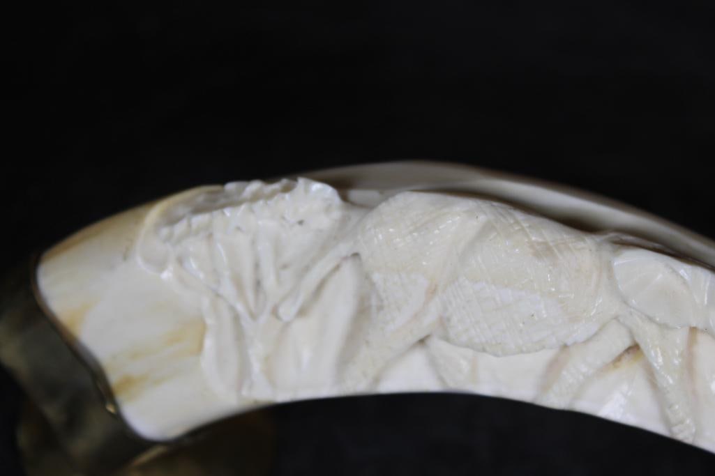 Scrimshawed WARTHOG TUSK with an Elephant Scene on a Brass Base - 3