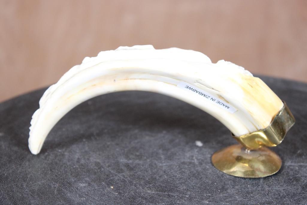 Scrimshawed WARTHOG TUSK with an Elephant Scene on a Brass Base - 5