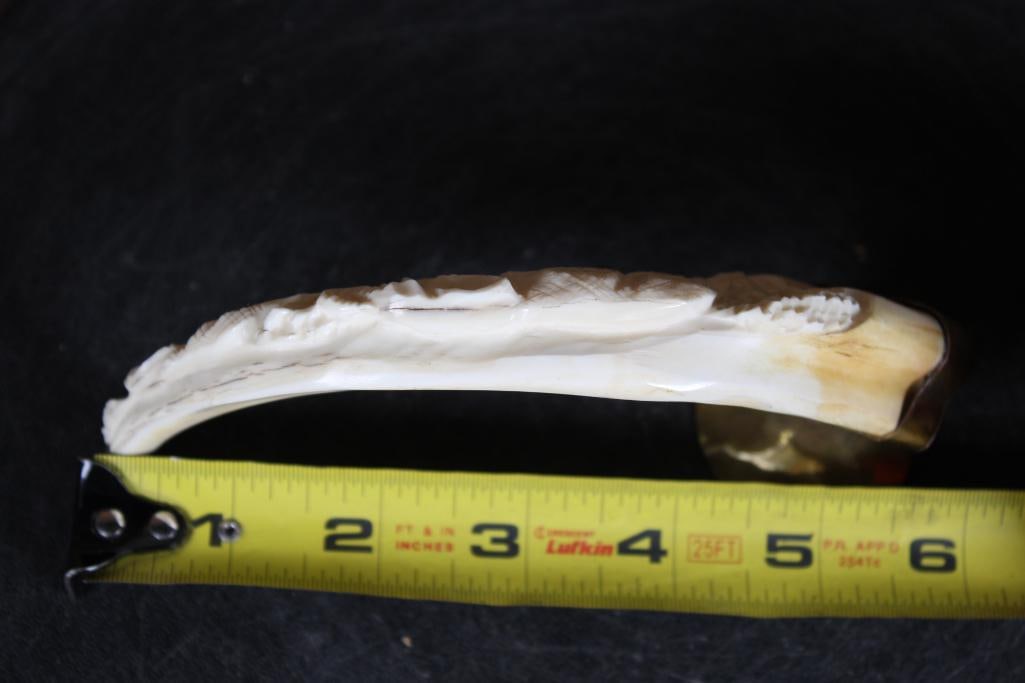 Scrimshawed WARTHOG TUSK with an Elephant Scene on a Brass Base - 6