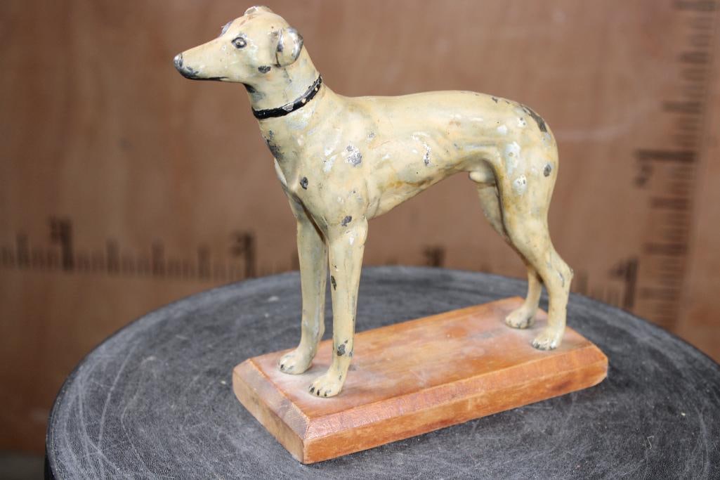 Vintage Metal GREYHOUND or WHIPPET Sculpture on a Wood Base (1 of 6)