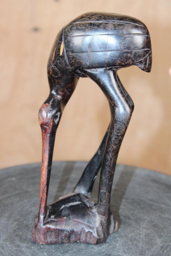 Mid-century Makonde Ebony Wood Carving of an EGRET Signed "Dik": Beautiful Mid-century Makonde Ebony Wood Carving of an EGRET Signed "Dik". It was created by the Makonde people of Tanzania or Mozambique. It measures 7.5" Tall x 3.5" Wide x 2" Depth. The leg has a