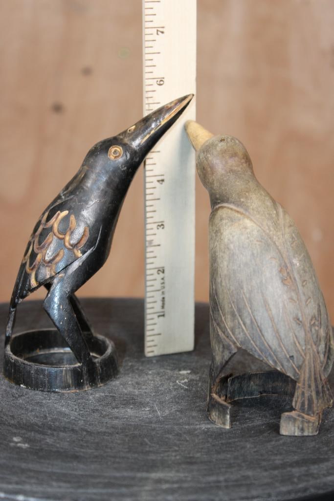 (2) Hand-carved and Polished Steer or Bovine Horn BIRD SCULPTURES - 5