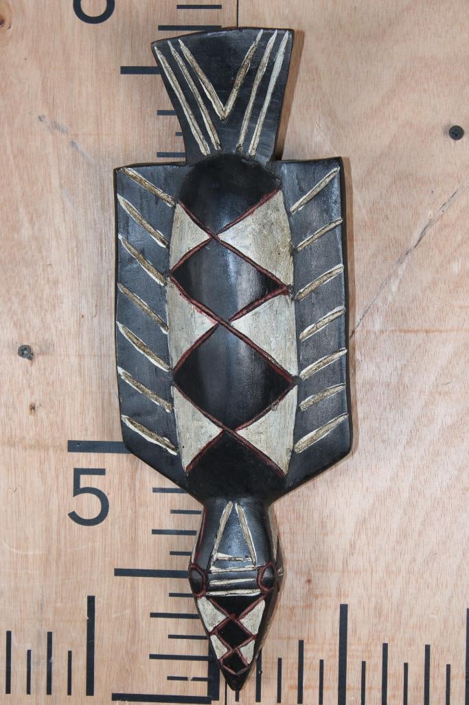 Bedu Carved Plank MASK from West Africa: Bedu Carved Plank MASK from West Africa, commonly utilized in ceremonies to represent natural spirits. It measures 15.5" Long x 5.5" Wide x 2.25" Thick and was Made in Ghana. COLLECTIBLE AFRICAN