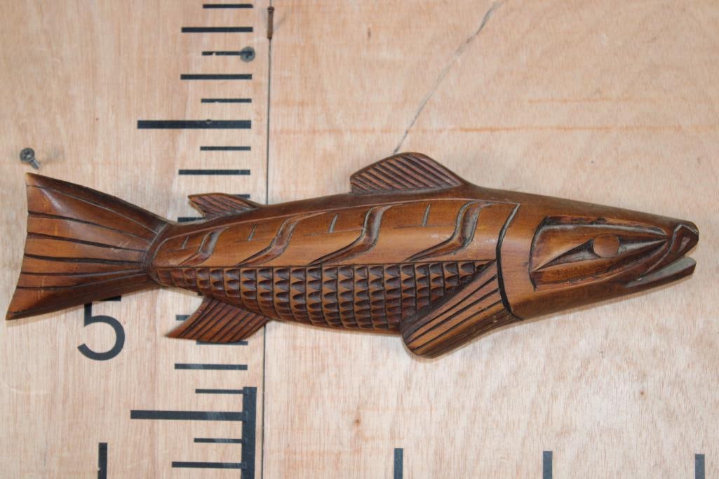 Hand-carved Native American Salmon Sculpture signed by Cathy Aleck: Hand-carved Native American SALMON Sculpture. It is signed "Salmon by Cathy Aleck" on the back and measures 14" Long x 4" Tall x 1.5" Depth. COLLECTIBLE NATIVE AMERICAN ART 
