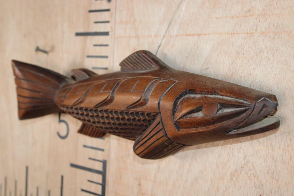 Hand-carved Native American Salmon Sculpture signed by Cathy Aleck - 2