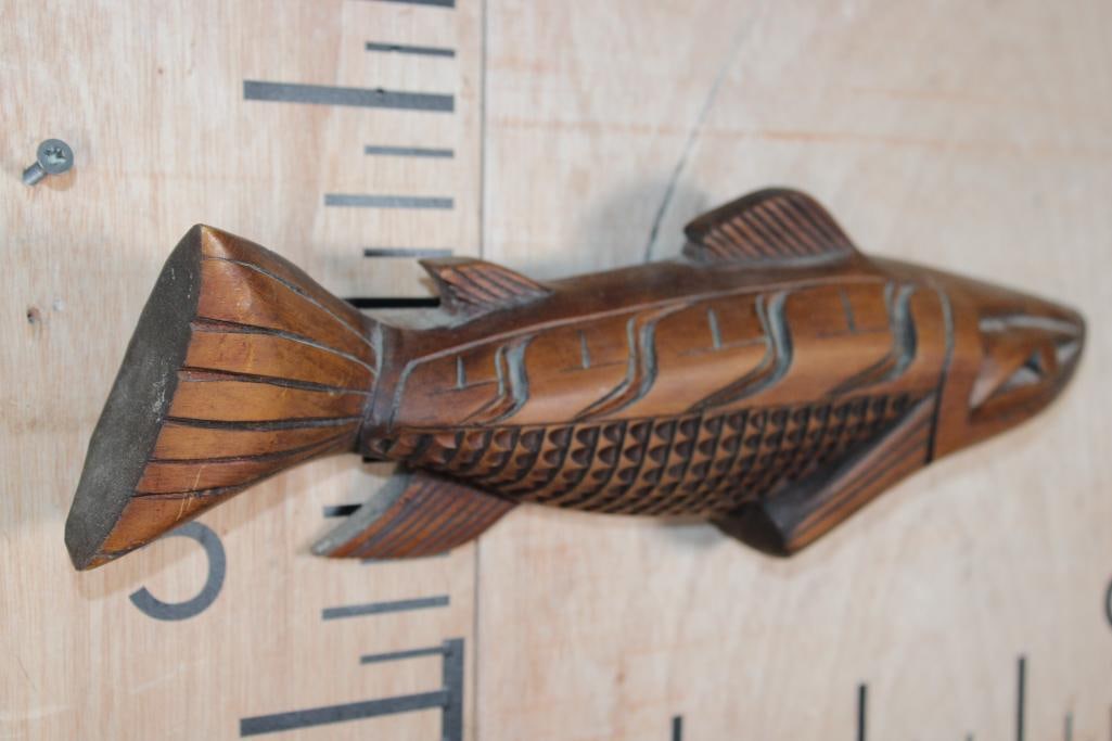 Hand-carved Native American Salmon Sculpture signed by Cathy Aleck - 3