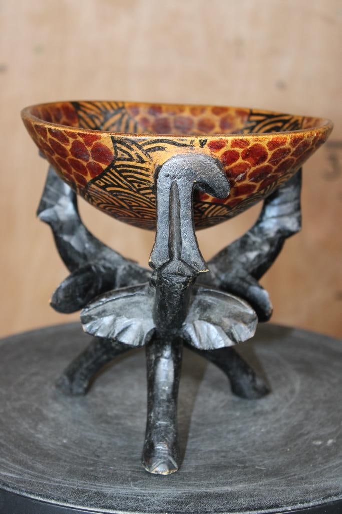 African Hand-carved Wood BOWL with 3 Elephant Tripod Base - 2