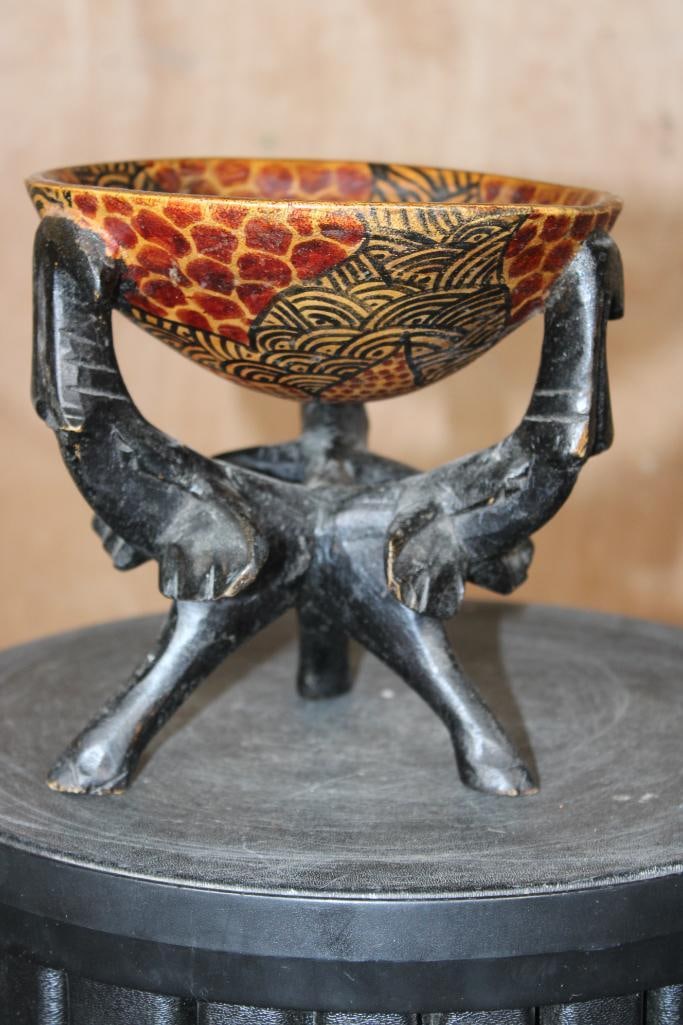 African Hand-carved Wood BOWL with 3 Elephant Tripod Base - 3