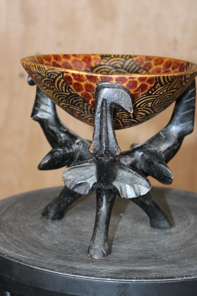 African Hand-carved Wood BOWL with 3 Elephant Tripod Base - 4