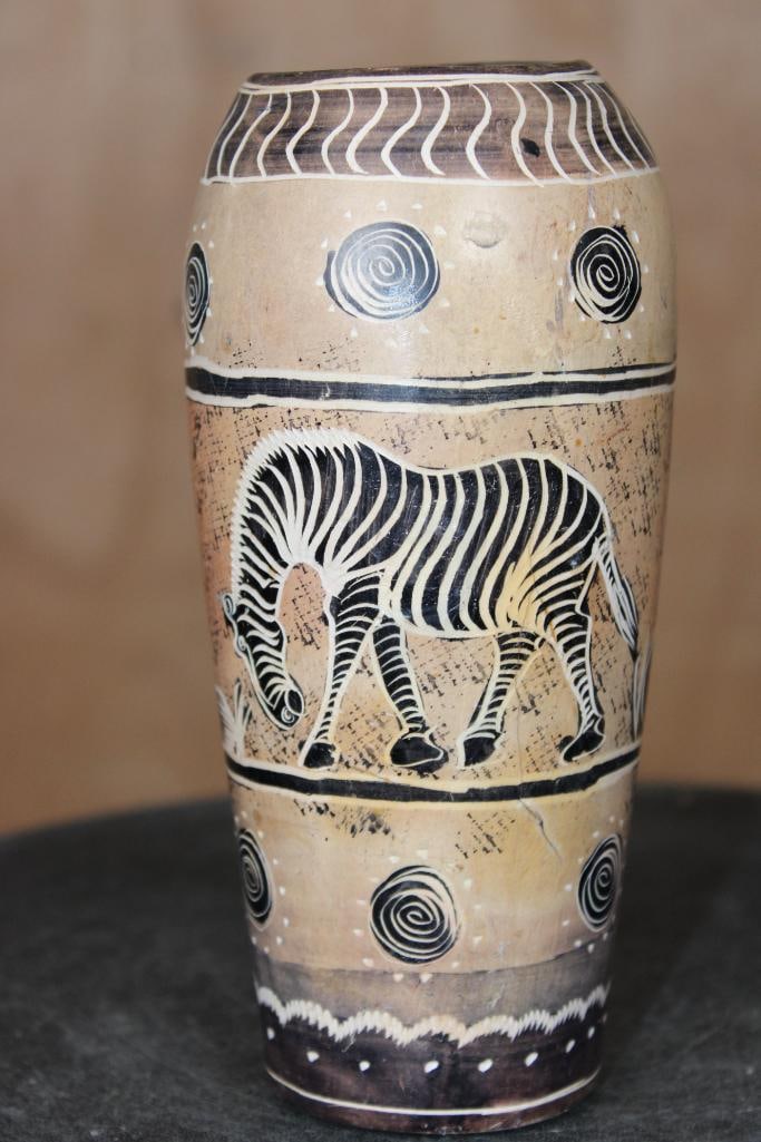 Hand-carved Zebra SOAPSTONE VASE from the Kisii Region of Kenya: Hand-carved Zebra SOAPSTONE VASE from the Kisii Region of Kenya. It measures 6.5" Tall x 1.75" Diameter (at the lip) and Weighs 1 lb 7 oz. COLLECTIBLE AFRICAN ARTIFACTS 