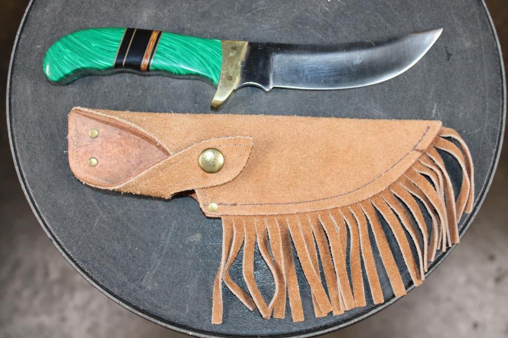 Vintage Handmade Stainless Steel KNIFE with a Malachite, Onyx and Wood Handle with a Cowhide SHEATH: Vintage Handmade Collector's KNIFE W/5" Stainless Steel Blade, Brass Guard, and Solid Malachite, Onyx and Wood Handle. It is in a handmade Cowhide SHEATH with fringe detail. This amazing knife has a