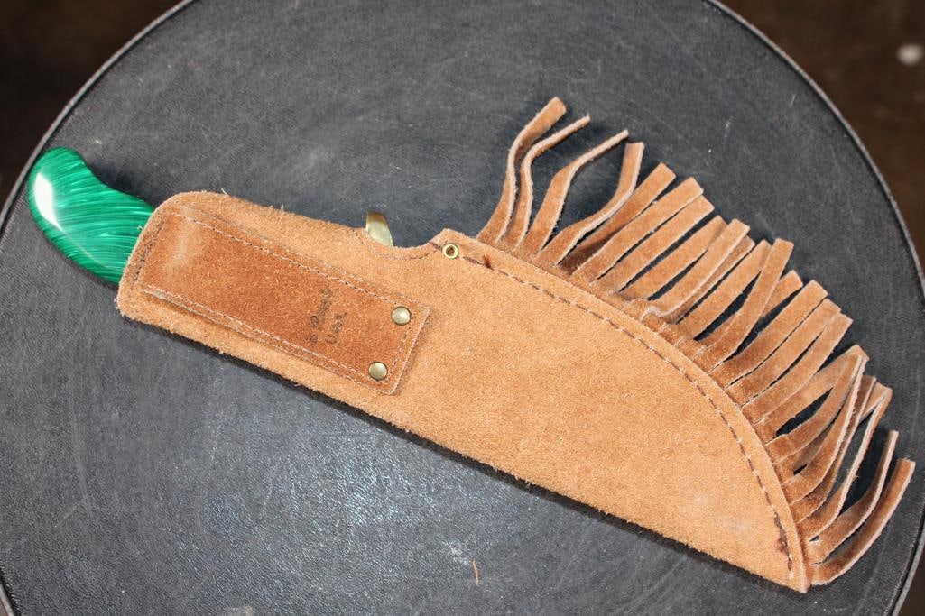 Vintage Handmade Stainless Steel KNIFE with a Malachite, Onyx and Wood Handle with a Cowhide SHEATH - 5