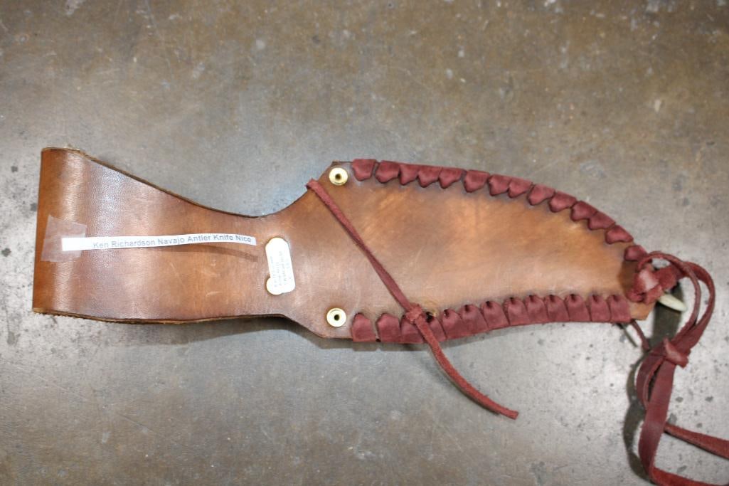 Handmade Ken Richardson "The Wilderness Hunter" Navajo Antler Handle KNIFE with Leather Scabbard - 9