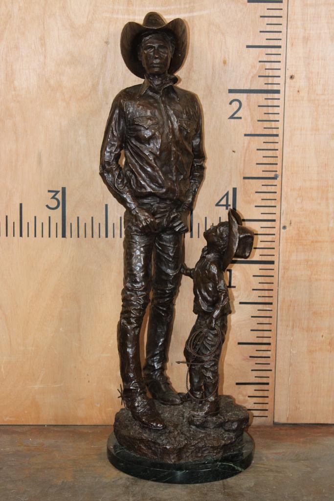 XXL Original (Untitled) #7/16 Bronze Cowboy and Son SCULPTURE by Bill Owen, Weight: 49 lbs: Limited Edition XXL (Untitled) Bronze Sculpture of a Cowboy and his Son by Bill Owen. This is #7 of 16 in existence. It measures 30" Tall x 10" Wide and Weighs 49 lbs. It is mounted on a glistening