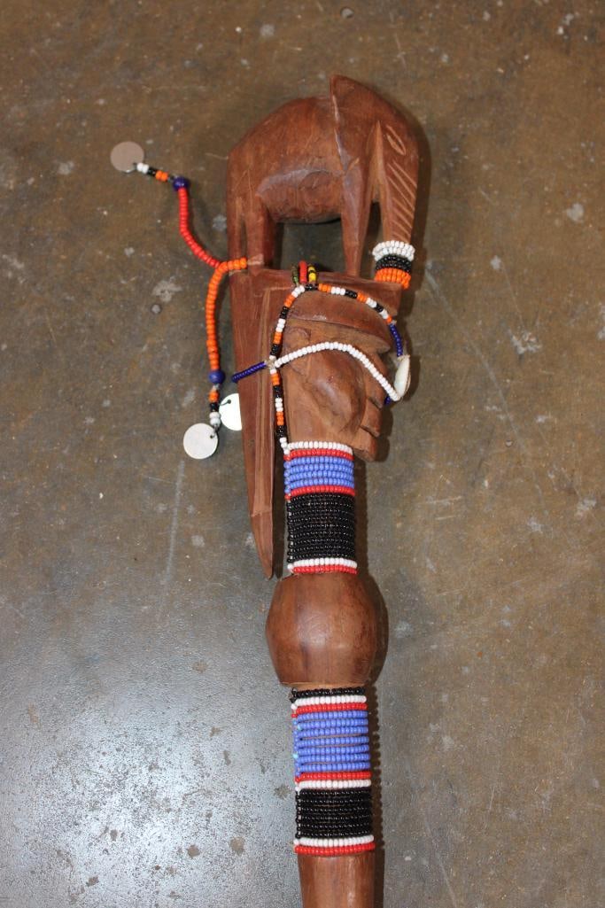 (1) African Ceremonial STAFF and (1) Hand-carved Wood Wildebeest Sculpture - 7