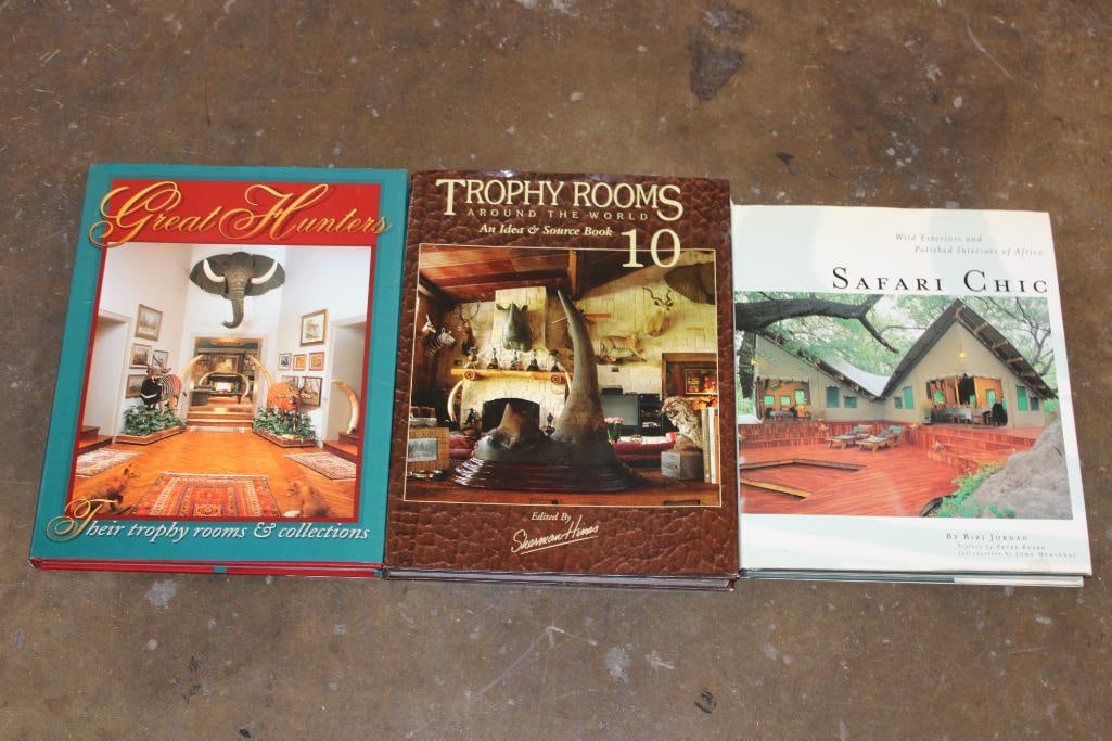 (3) Collectible Trophy Room and Safari Decor BOOKS: 3 Collectible Trophy Room and Safari Decor BOOKS. "Great Hunters-Their Trophy Rooms and Collections" Volume 1 (1997). "Trophy Rooms around the World" Volume 10, Edited by Sherman Hines. "Safari Chic"