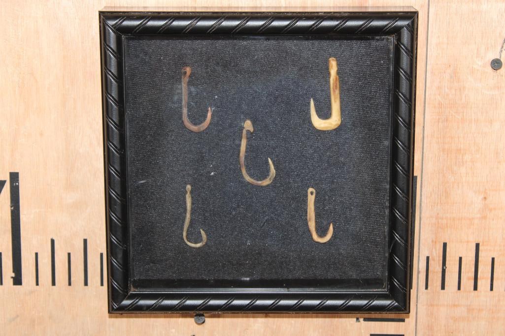 (5) Primitive Bone and Wood FISH HOOKS in a Display Case: 5 Primitive FISH HOOKS in a Display Case. They are constructed from Bone and Wood, which was a durable and accessible material for indigenous populations. They measure 1.75" to 2.25" Long each. They
