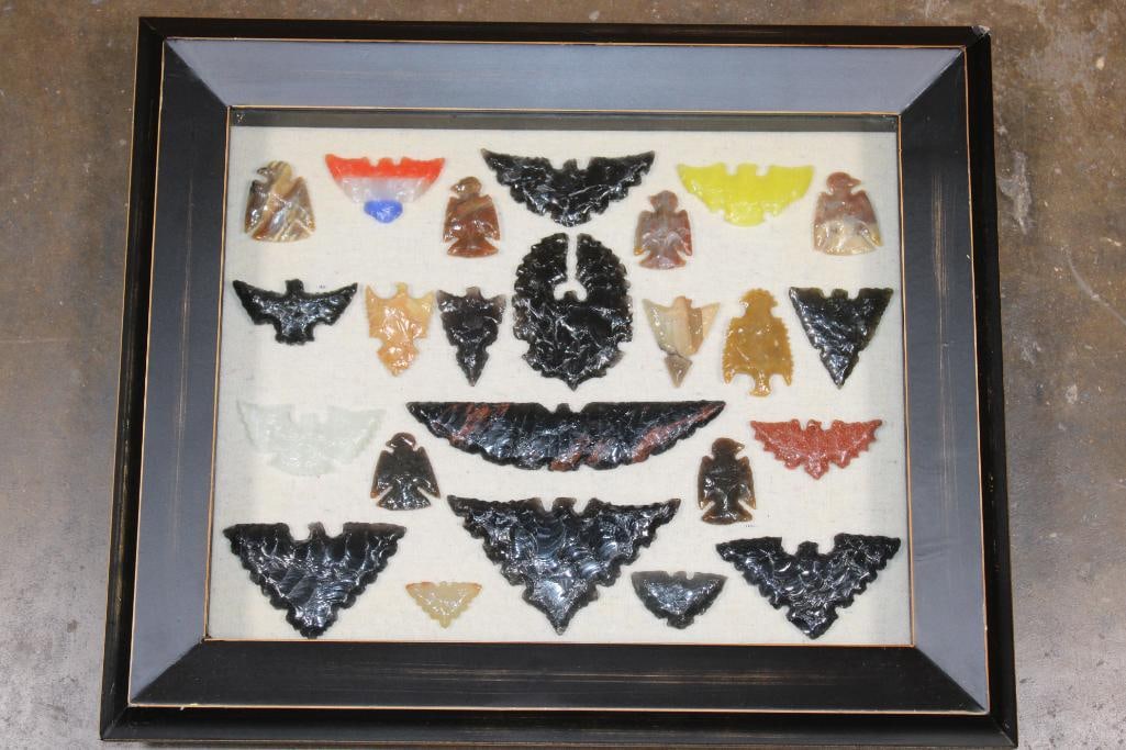 (25) Contemporary Hand-knapped Stone and Glass Eagles, Bats, and Birds in a Shadowbox Frame: 25 Contemporary Hand-knapped Stone and Glass Eagles, Bats, and Birds. They measure 1.5" Wide to 6.75" Wide each. They are displayed in a hinged Shadowbox Frame with Glass that measures 18" Long x 15"