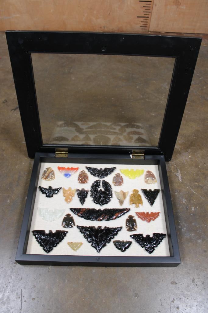 (25) Contemporary Hand-knapped Stone and Glass Eagles, Bats, and Birds in a Shadowbox Frame - 2