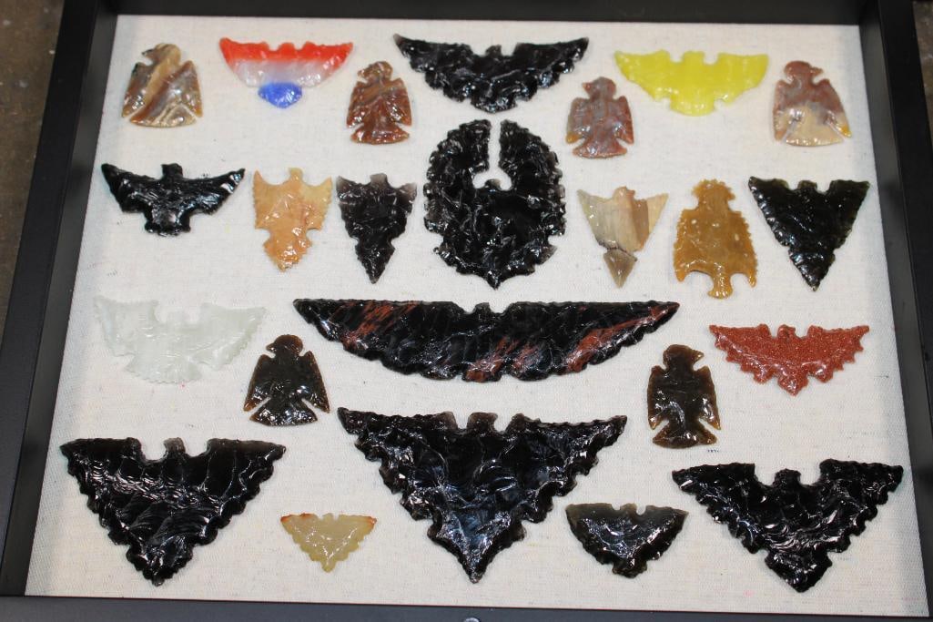 (25) Contemporary Hand-knapped Stone and Glass Eagles, Bats, and Birds in a Shadowbox Frame - 3