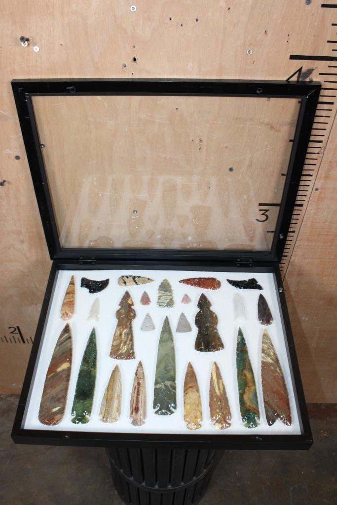 (24) Contemporary Hand-knapped Mineral ARROWHEADS and STONE POINTS in a Shadowbox - 2