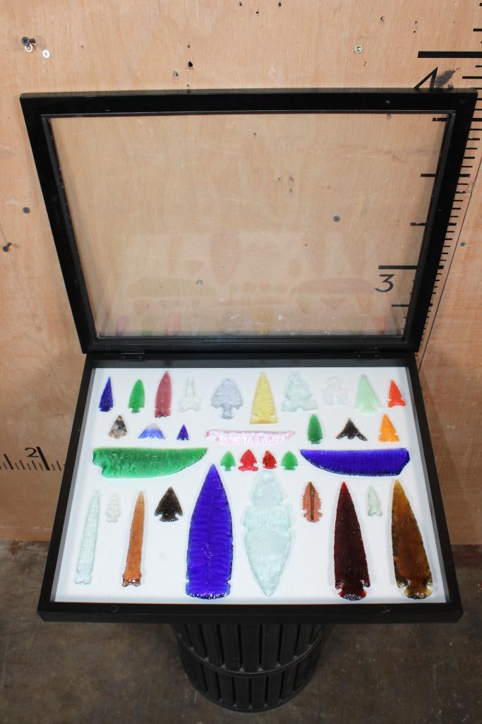(33) Hand-knapped Glass ARROWHEADS and Blades in a Shadowbox Display - 2