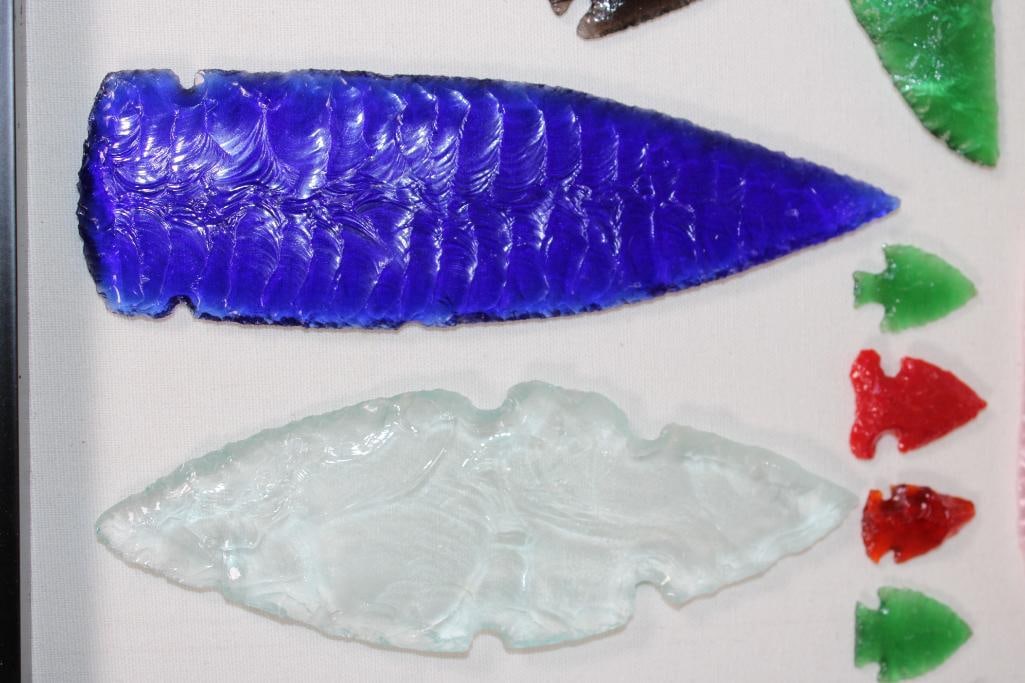 (33) Hand-knapped Glass ARROWHEADS and Blades in a Shadowbox Display - 7