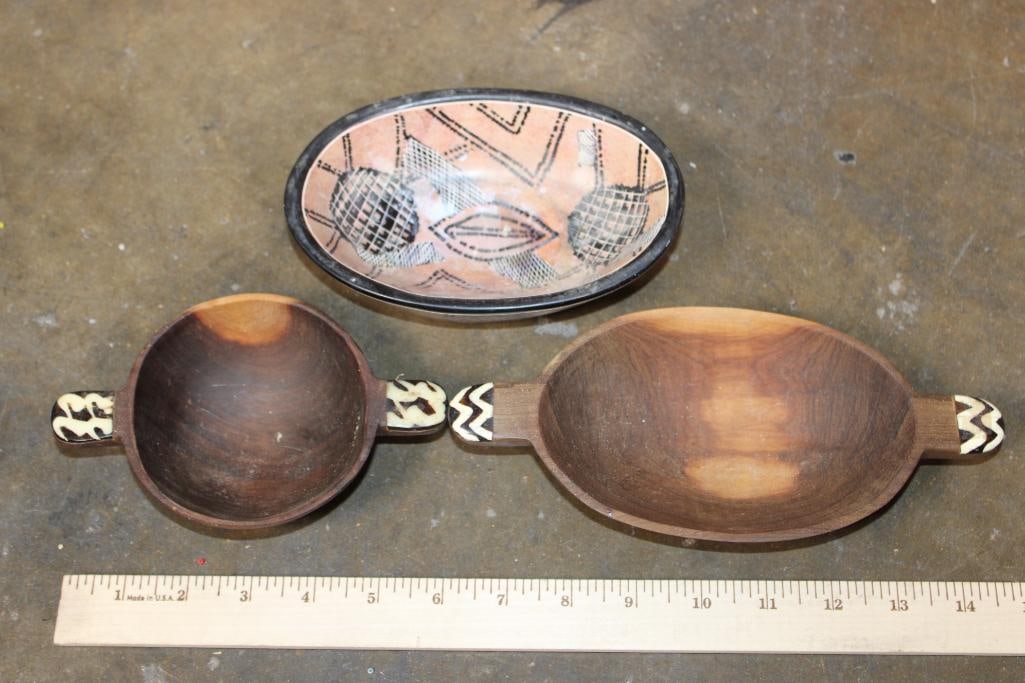 (1) African Kabyle Pottery Soap Dish, (2) Olive Wood Bowls, 1 Set Batik Bone Salt and Pepper Shak... - 2