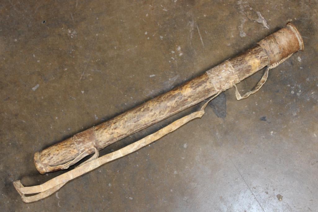 Authentic Rawhide QUIVER from Africa with an Impala Hide Lid: Authentic Rawhide QUIVER from Africa with an Impala Hide Lid. It appears very old and measures 24" Long x 3" Wide. COLLECTIBLE AFRICAN ARTIFACTS BOWS AND ARROWS 