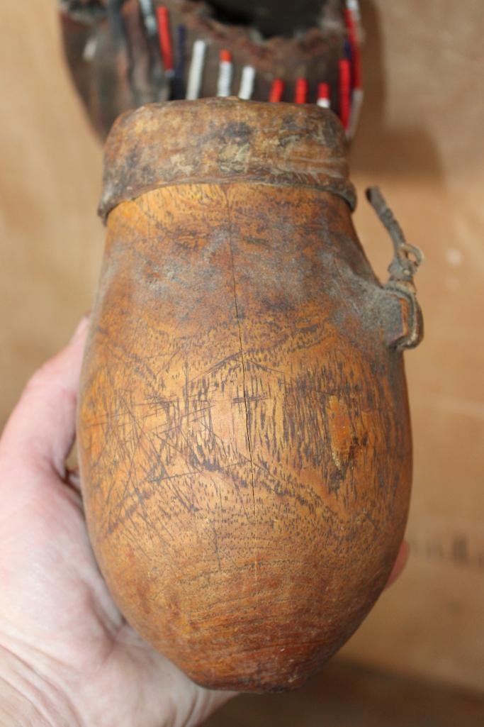 (1) Antique Traditional Ethiopian or Kenyan Milk or Water Jug with (2) Antique Leather Bags - 3