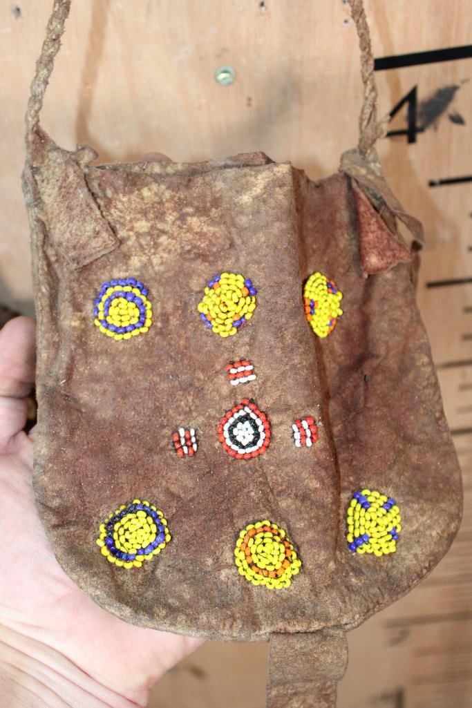 (1) Antique Traditional Ethiopian or Kenyan Milk or Water Jug with (2) Antique Leather Bags - 7