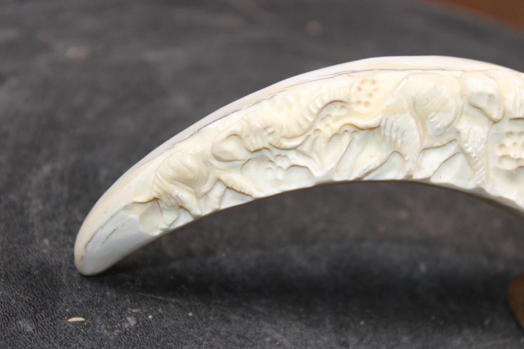 Scrimshawed WARTHOG Tusk with an Elephant Scene and a Brass Stand - 2