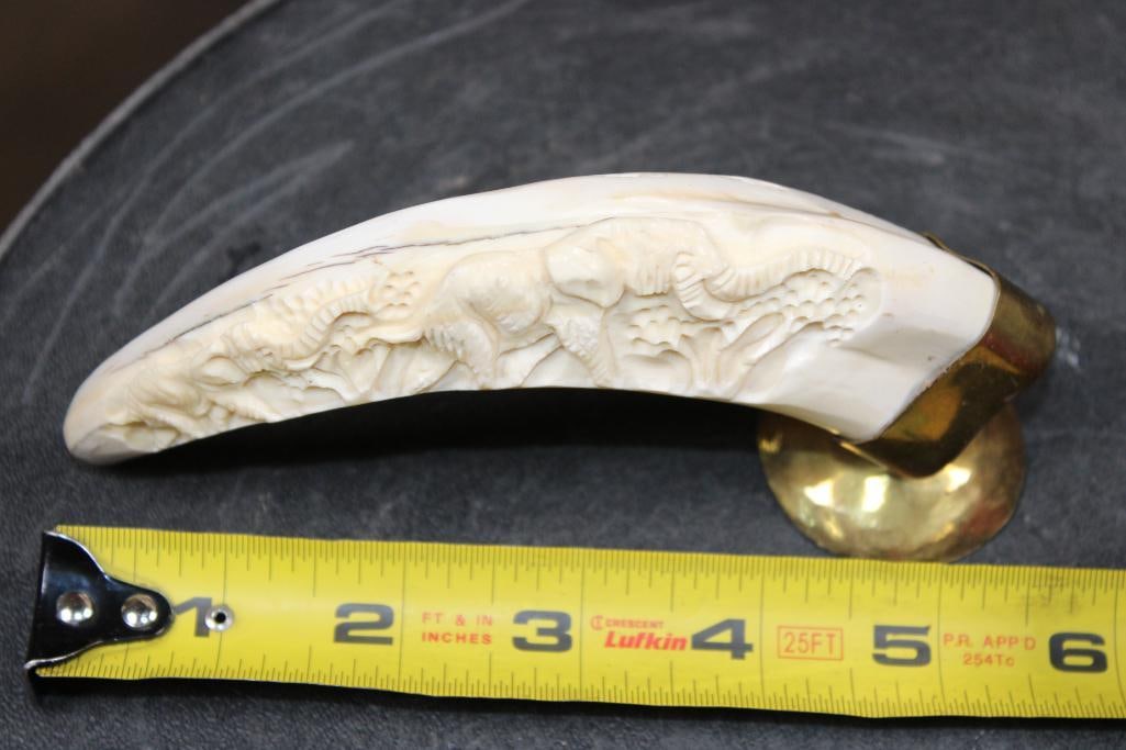 Scrimshawed WARTHOG Tusk with an Elephant Scene and a Brass Stand - 5