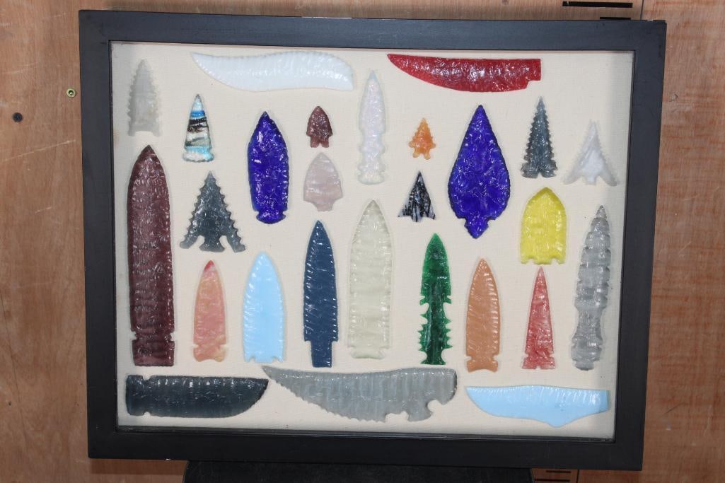 (27) Hand-knapped Glass ARROWHEADS and Blades in a Shadowbox Display (1 of 7)