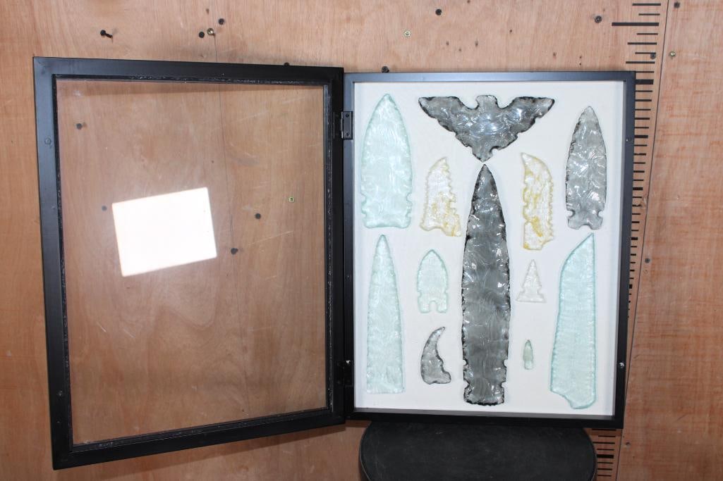 (11) Hand-knapped Glass Projectile Points with (1) Glass Eagle in a Shadowbox Frame - 2