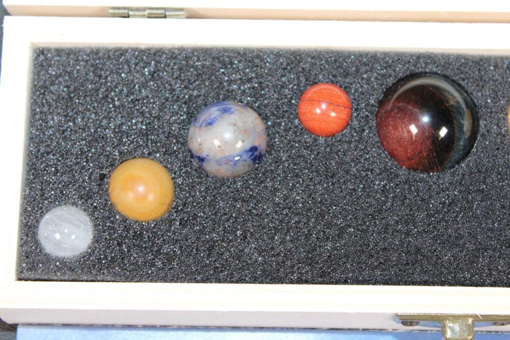 Set of The (9) Planets MINERAL SPHERES in a Wood Case - 2