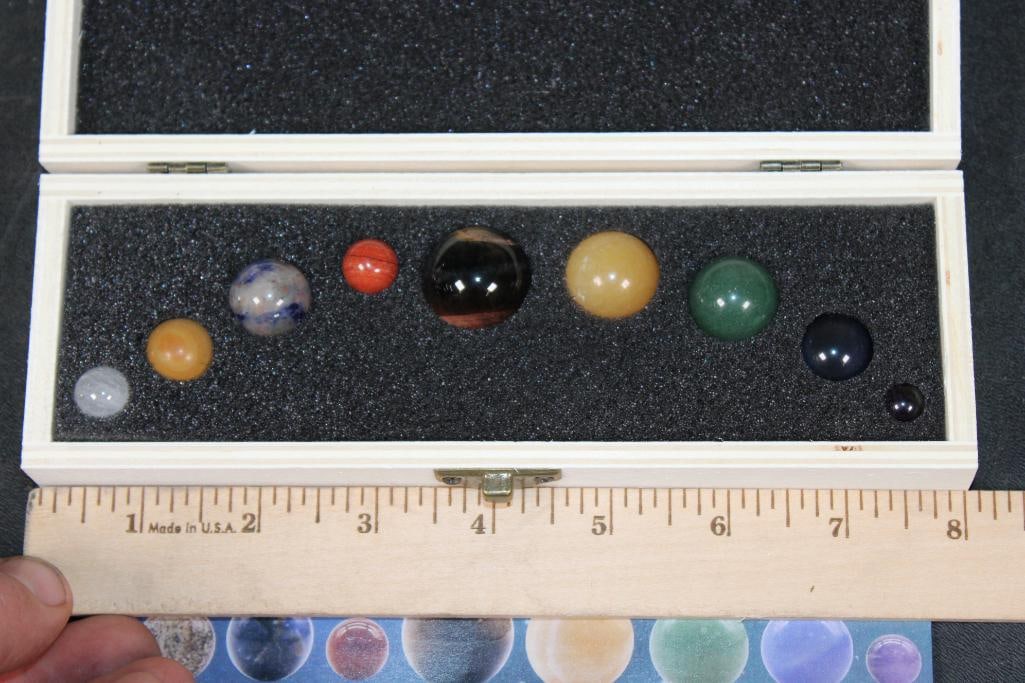 Set of The (9) Planets MINERAL SPHERES in a Wood Case - 7