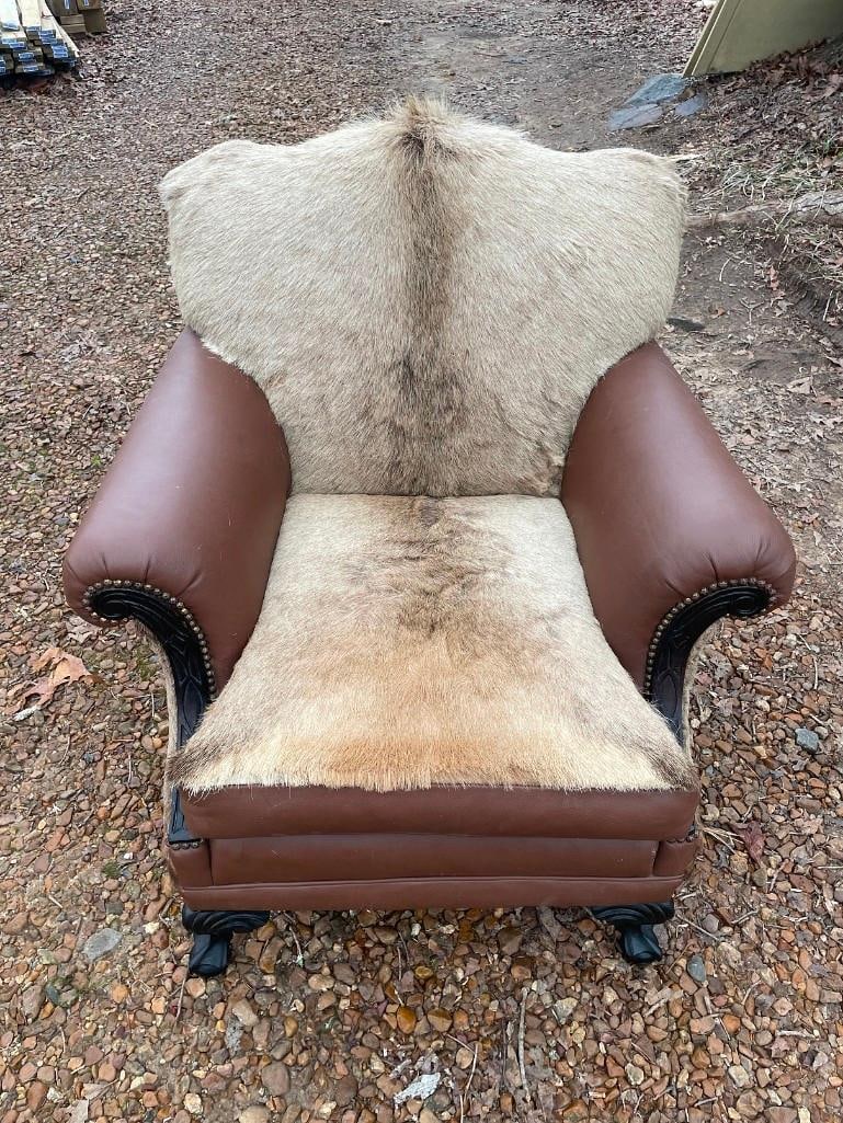 Custom ELK Hide and Leather "Club" Chair: Beautiful Custom made ELK Hide and Leather "Club" Chair. The seat cushions are reversible and very comfortable. It sheds a little and has a minor damage spot on the hide. Great seating for Western or