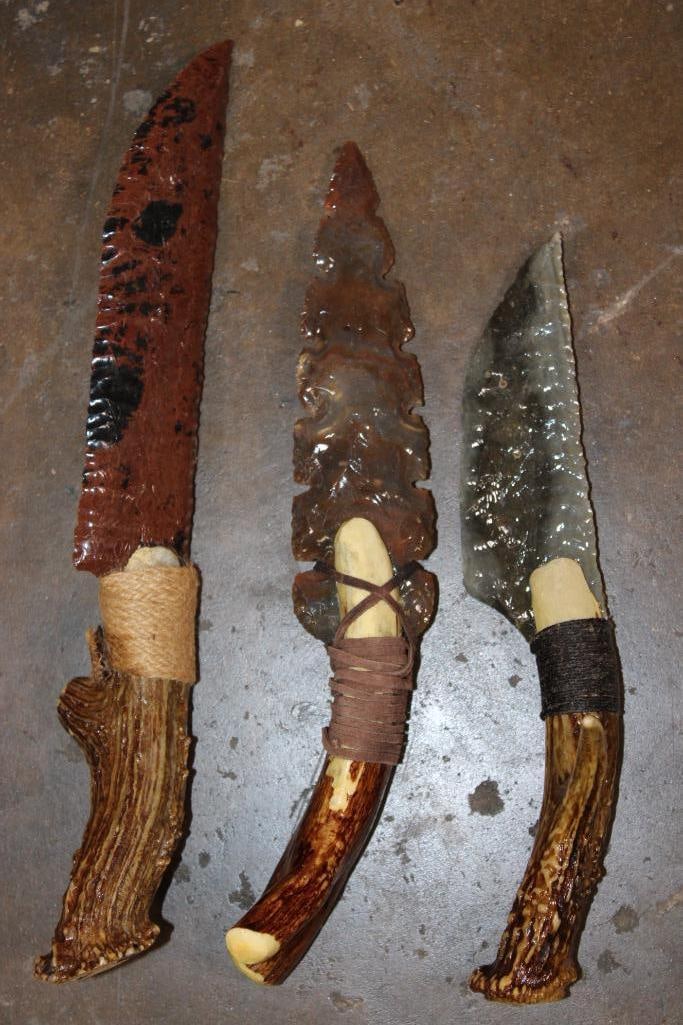 (3) Hand-knapped Native American Style KNIVES with Antler Handles (1 of 5)