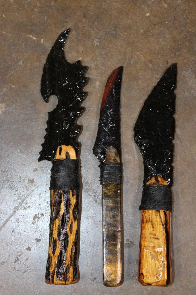 (3) Hand-knapped Native American Style KNIVES, 2 with Wood Handles and 1 with a Cactus Handle (1 of 4)