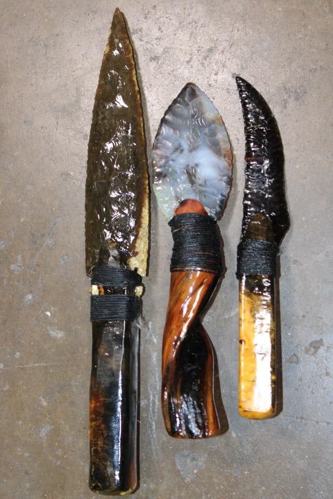(3) Hand-knapped Native American Style KNIVES with Wood Handles (1 of 3)