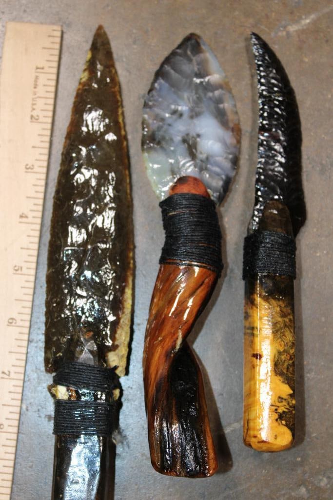 (3) Hand-knapped Native American Style KNIVES with Wood Handles - 2