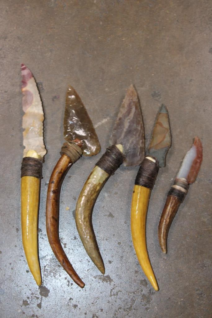 (5) Hand-knapped Native American Style KNIVES with Antler Handles (1 of 4)