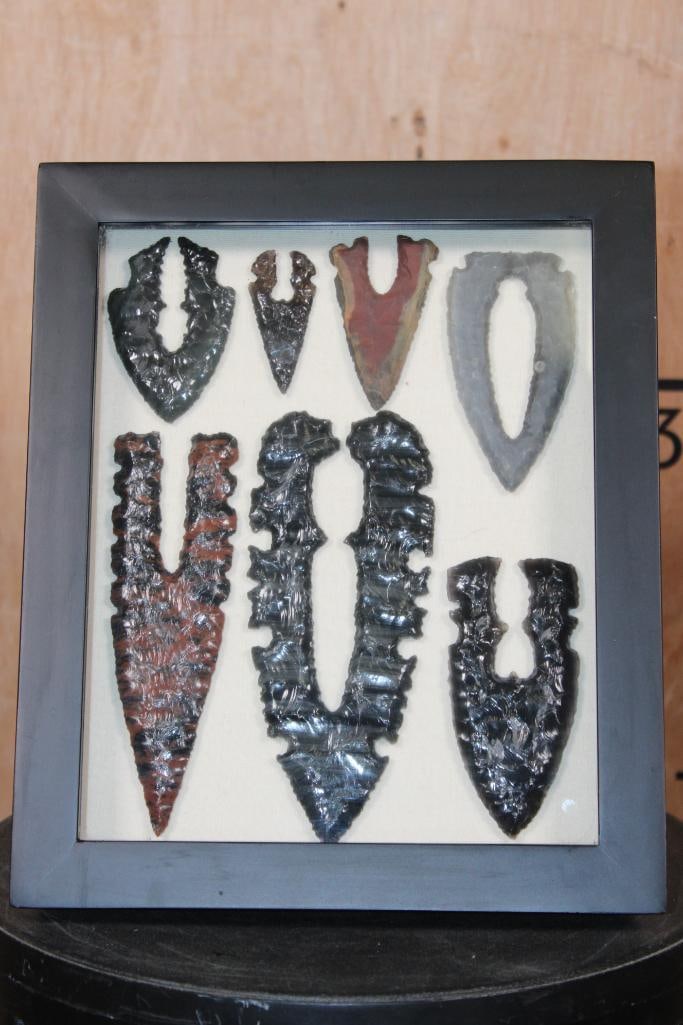 (7) Contemporary Hand-knapped Native American Style Obsidian and Stone Projectile Points or: 7 Contemporary Hand-knapped Native American Style Obsidian and Stone Projectile Points or ARROWHEADS. They are displayed in a Wood and Glass Case that measures 11.75" Tall x 10" Wide x 1.75" Thick. CO
