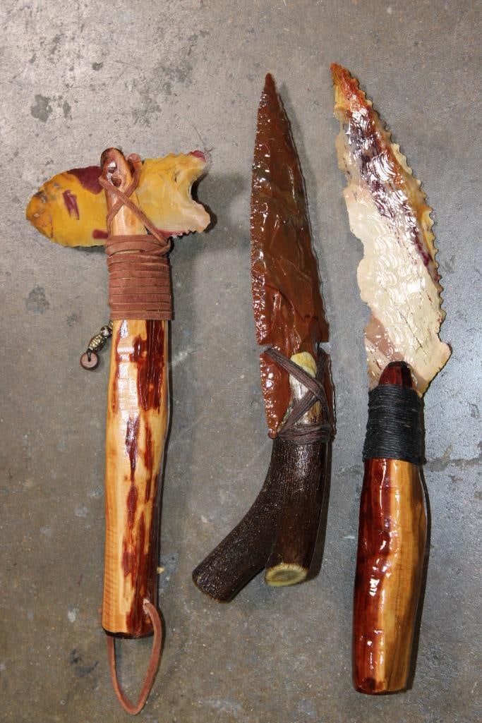 (2) Hand-knapped Native American Style KNIVES with (1) Small AXE with a Wood Handle (1 of 3)